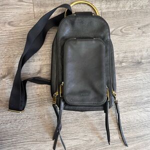 Fossil Black Leather Messenger Crossbody with Gold Hardware